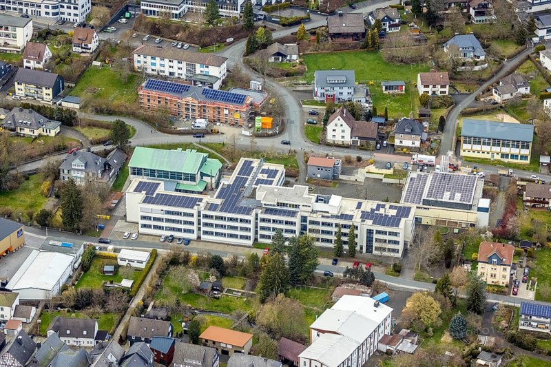 Aerial view, Städtisches Gymnasium, construction site with new building August-Hermann-Francke-Haus, Bad Laasphe, Siegerland, North Rhine-Westphalia, Germany, DE, Europe, aerial view, aerial photography, aerial photography, photovoltaics, photovoltaic system, solar, solar system, solar energy, solar energy, overview, bird's-eye view, bird's-eye view, overview