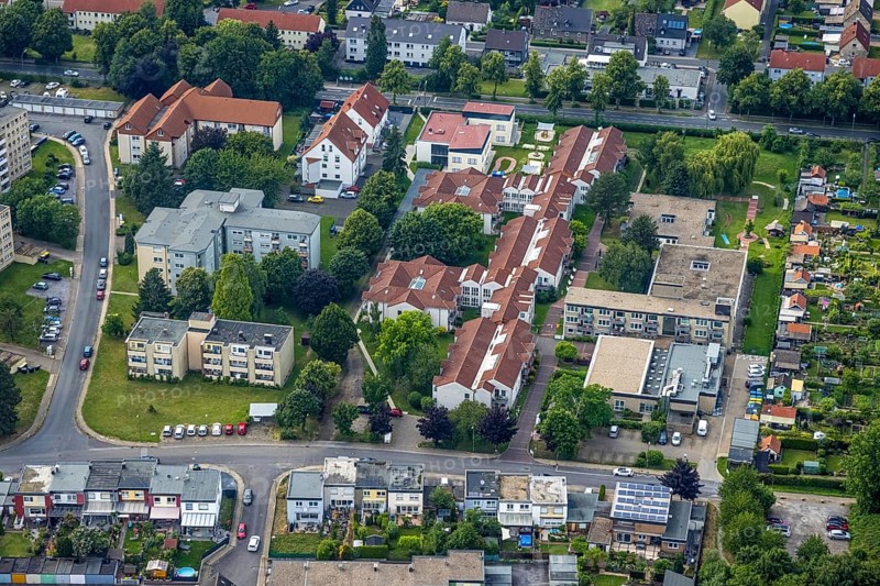 Aerial view of the AWO retirement home Hermann-Görlitz-Seniorenzentrum, Bergkamen, Ruhr area, North Rhine-Westphalia, Germany, DE, Europe, aerial photo, birds-eyes view, aerial photography, aerial photography, overview, bird's eye view, retirement home, nursing home, retirement residence