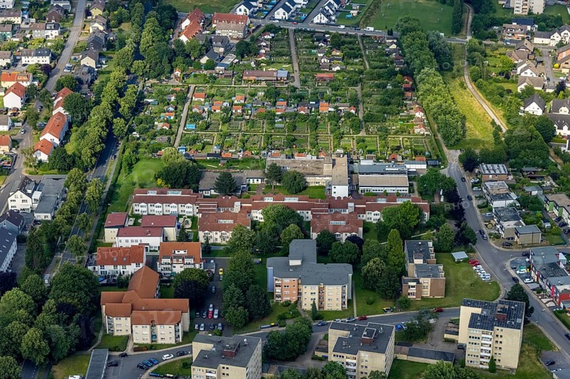 Aerial view of the AWO retirement home Hermann-Görlitz-Seniorenzentrum, Bergkamen, Ruhr area, North Rhine-Westphalia, Germany, DE, Europe, aerial photo, birds-eyes view, aerial photography, aerial photography, overview, bird's eye view, retirement home, nursing home, retirement residence