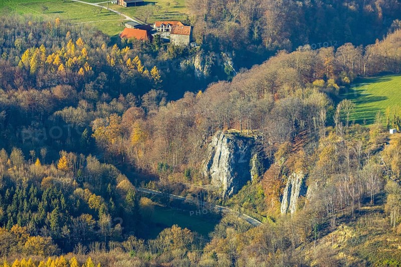 Aerial view, Reckenhöhle dripstone cave in the autumnal forest in the district Volkringhausen in Balve, Sauerland, North Rhine-Westphalia, Germany, Balve, DE, Europe, Hönnetal, aerial view, aerial photography, aerial photography, sight, dripstone cave, overview, bird's eye view, birds-eyes view, overview