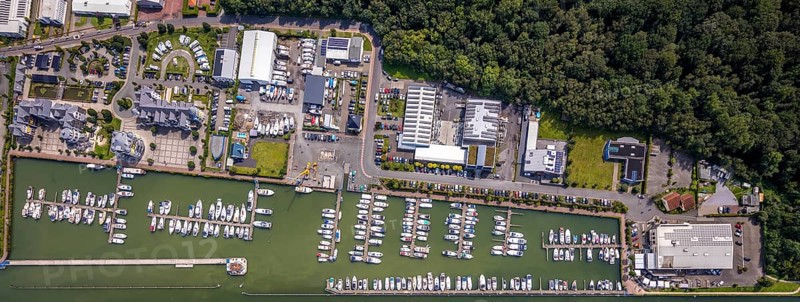 Aerial view, Yacht harbour Marina Rünthe in Bergkamen, Ruhr area, North Rhine-Westphalia, Germany, Bergkamen, inland navigation, DE, Datteln-Hamm canal, Europe, aerial view, aerial photography, aerial photography, motor boats, overview, bird's eye view, yachts, marina, birds-eyes view, overview