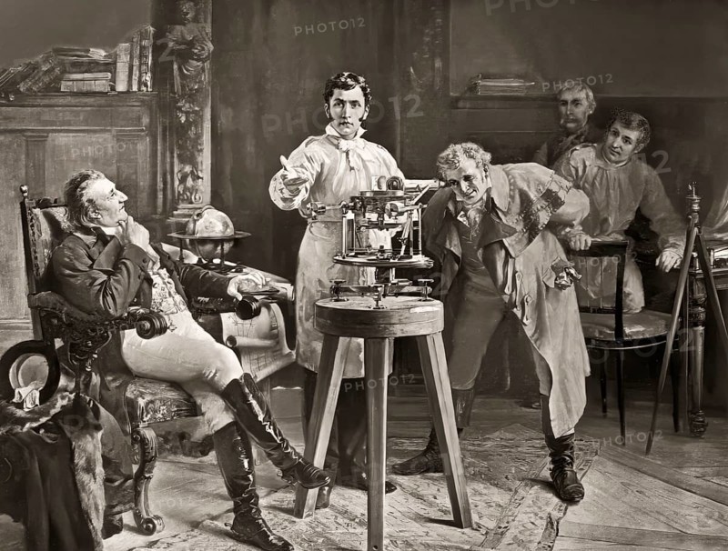 Joseph von Fraunhofer demonstrating the spectroscope, on left Joseph von Utzschneider, on right Georg Friedrich von Reichenbach, Joseph Ritter von Fraunhofer, 1787 – 1826, German physicist and optical lens manufacturer, digitally edited