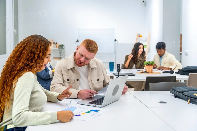Young diverse professionals collaborating at a meeting table, discussing business strategies, analyzing data charts, and using a laptop in a modern office environment