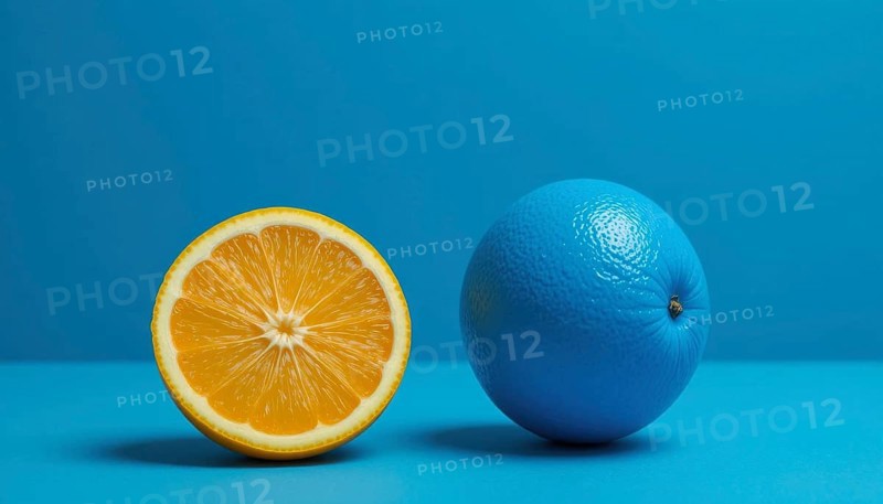 A sliced orange sits next to a blue painted orange, creating a striking color contrast against a solid blue backdrop. The image is clean and modern, AI generated