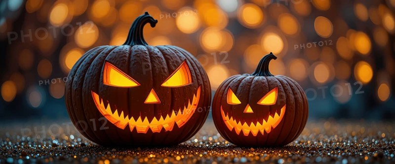Two carved pumpkins with illuminated faces sit on a glittery surface, set against a blurred background of warm bokeh lights, perfect for Halloween, AI generated
