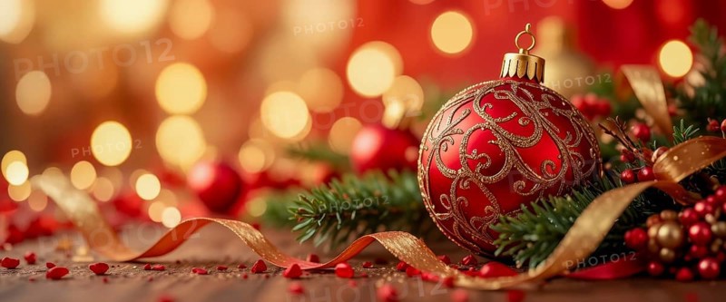 A close-up shot of a red Christmas ornament with gold embellishments, a golden ribbon, and festive greenery, creating a warm holiday atmosphere, AI generated