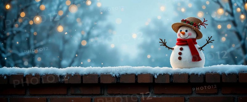 A cheerful snowman with a hat and scarf stands atop a brick wall, set against a snowy, bokeh-filled winter scene with twinkling lights, AI generated