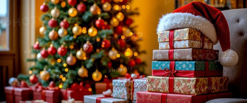 A festive scene with a stack of wrapped presents and a Santa hat, next to a decorated Christmas tree, creating a cozy holiday atmosphere, AI generated