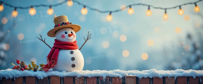 A charming snowman, adorned with a hat and scarf, stands on a snow-covered brick wall, illuminated by festive string lights in a winter wonderland, AI generated