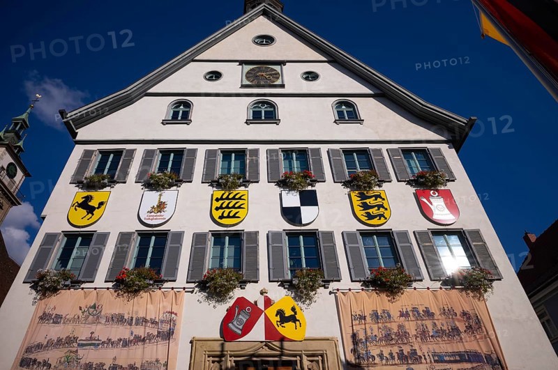 Historical depiction of a folk festival procession, at the town hall, coat of arms, Bad Cannstatt, Stuttgart, Baden-Württemberg, Germany