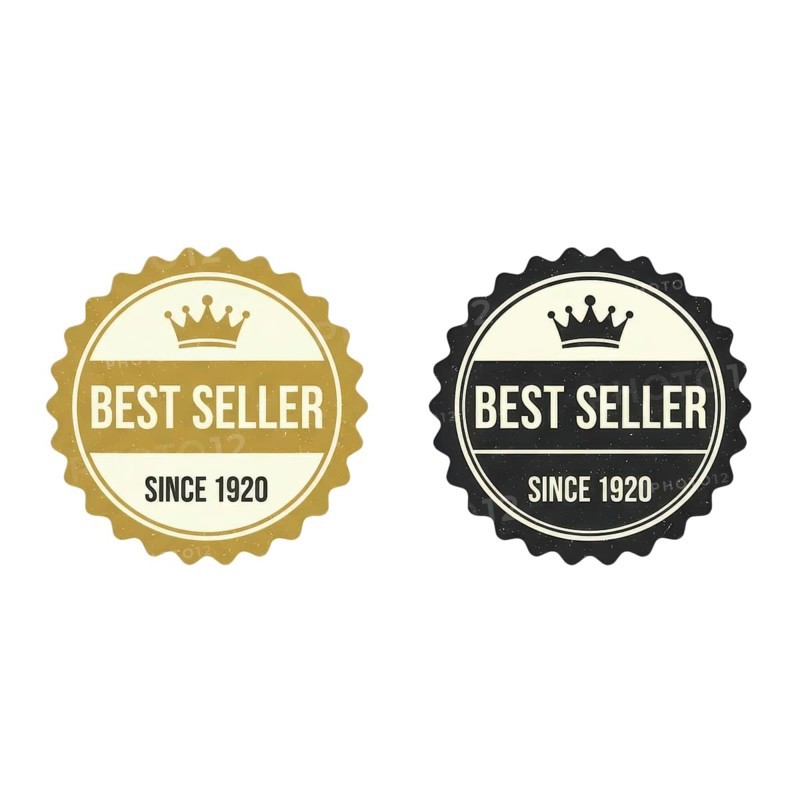 Two best seller badges, one gold and one black, each featuring a crown and text indicating 'Best Seller' since 1920, set against a white backdrop, AI generated
