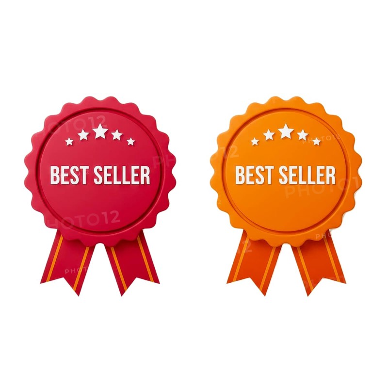 Two colorful best seller badges with ribbons and stars, perfect for highlighting top products or promotions, AI generated