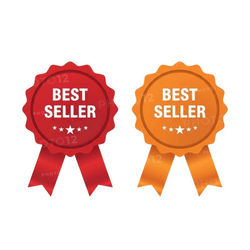 Two best seller badges are displayed, one red and one orange, each with a ribbon and stars, perfect for promotional materials, AI generated