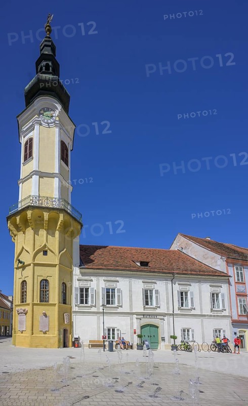 Water features at the town hall tower on the main square, Bad Radkersburg, Styria, Austria