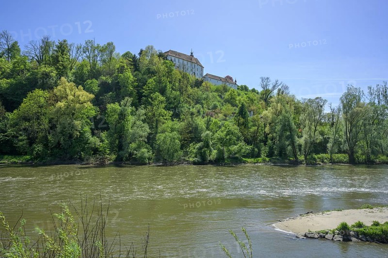 Mura River with a view of Oberradkersburg Castle in Slovenia, Bad Radkersburg, Styria, Austria