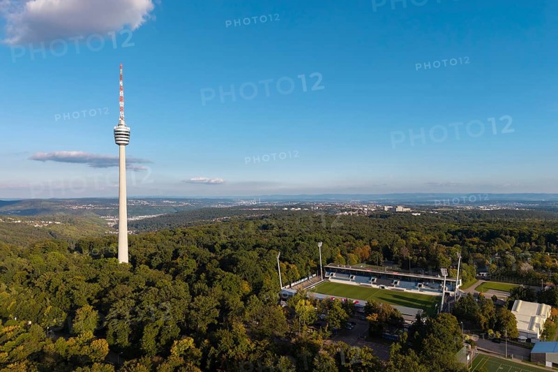 TV tower next to the Gazi stadium, with a view over extensive forests and soft clouds in the sky, Stuttgart-Degerloch, Baden-Württemberg, Germany
