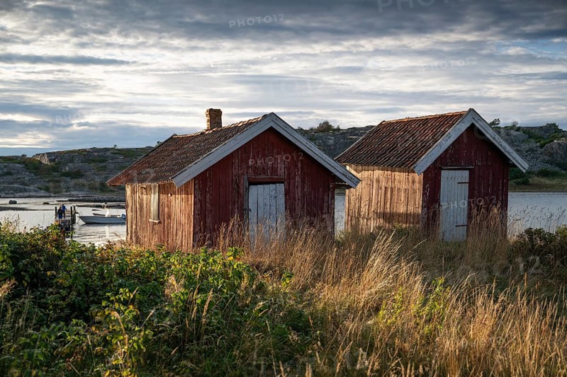 Falun red or Swedish red boathouses, Resö Island, Bohuslän, Skagerrak, Sotenäs, Västra Götalands län, Sweden