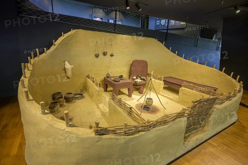 Reconstruction of a house with fireplace and furniture, Museum of Vucedol Culture, Vukovar, Vukovar-Srijem County, Croatia