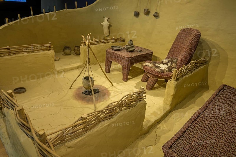 Reconstruction of a house with fireplace and furniture, Museum of Vucedol Culture, Vukovar, Vukovar-Srijem County, Croatia