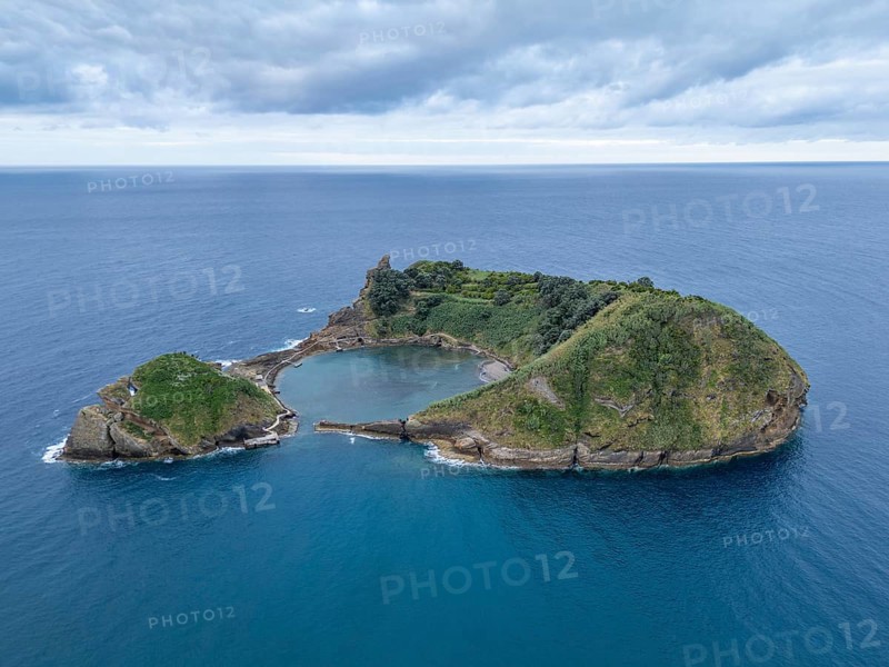 Vila Franca Islet and Atlantic Ocean. Azores, Sao Miguel Island. Portugal. Aerial Drone Shot