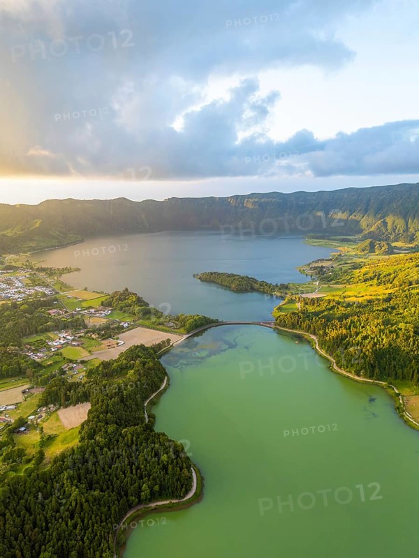 Sete Cidades Caldera at Sunset. Blue Lake and Green Lake. Azores, Sao Miguel Island. Portugal. Aerial View