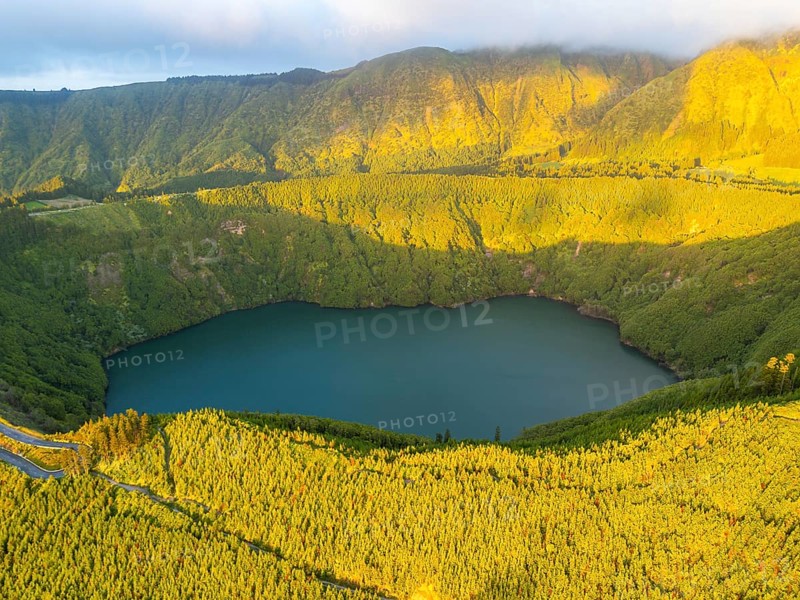 Lake Santiago. Sete Cidades Caldera at Sunset. Lush Green Hills. Azores, Sao Miguel Island. Portugal. Aerial View