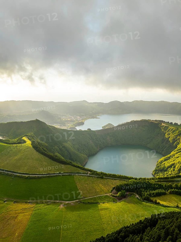 Sete Cidades Caldera. Blue Lake and Santiago Lake. Azores, Sao Miguel Island. Portugal. Clouds and Fog. Aerial View