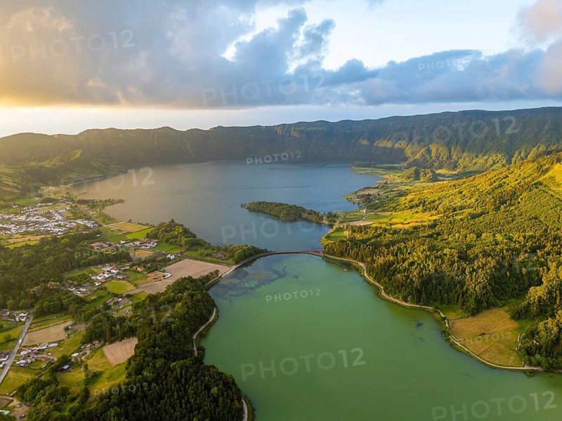 Sete Cidades Caldera at Sunset. Blue Lake and Green Lake. Azores, Sao Miguel Island. Portugal. Aerial View