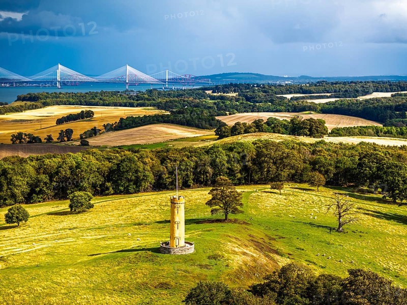 Binns Tower over Scotish farms and Forth Estuary from drone, House of the Binns, Linlithgow, Scotland, UK