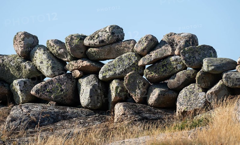 A stone wall made of Bohus granite rocks, rocky coast, Ramsvik, Ramsviklandet nature reserve, Bohuslän, Skagerrak, Sotenäs, Västra Götalands län, Sweden