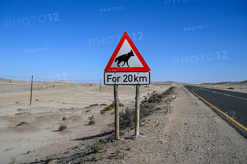 Sign warning of brown hyenas or beach wolves (Parahyaena brunnea), near Lüderitz, Karas Region, Namibia