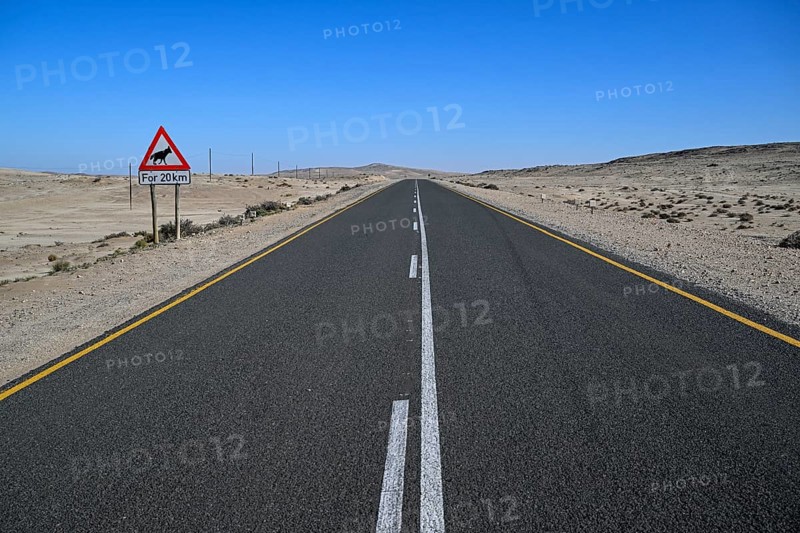 Sign warning of brown hyenas or beach wolves (Parahyaena brunnea), near Lüderitz, Karas Region, Namibia