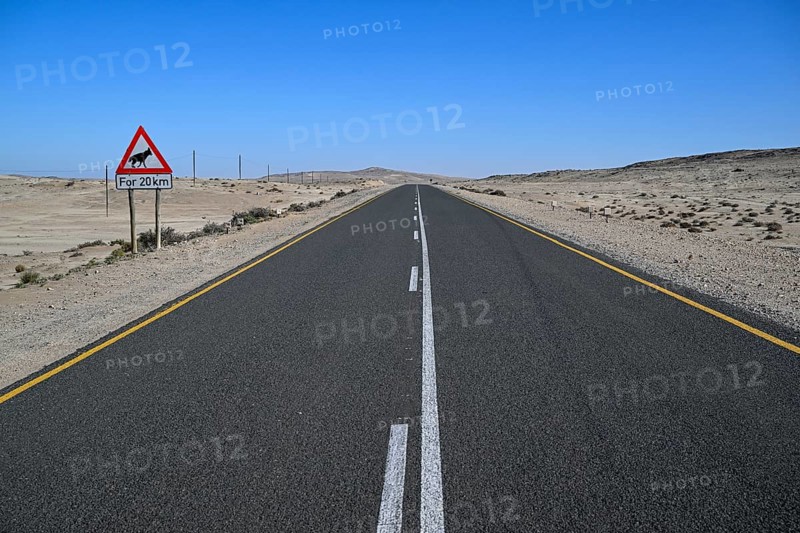 Sign warning of brown hyenas or beach wolves (Parahyaena brunnea), near Lüderitz, Karas Region, Namibia