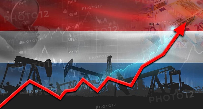Oil pumps with Netherlands flag. Oil production with Netherlands flag, petrol industry