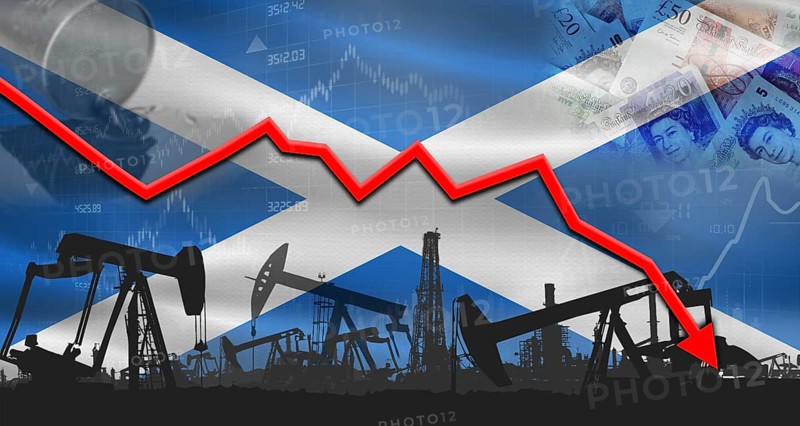 Fall oil price with flag of Scotland on economic chart, Petrol crisis with Scotland flag on financial graph