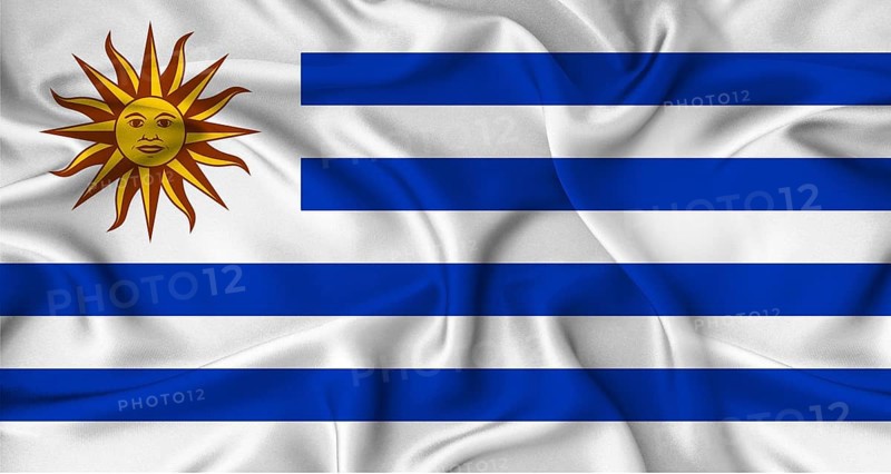Realistic Uruguay flag waving. Close up of flag of Uruguay with cloth texture