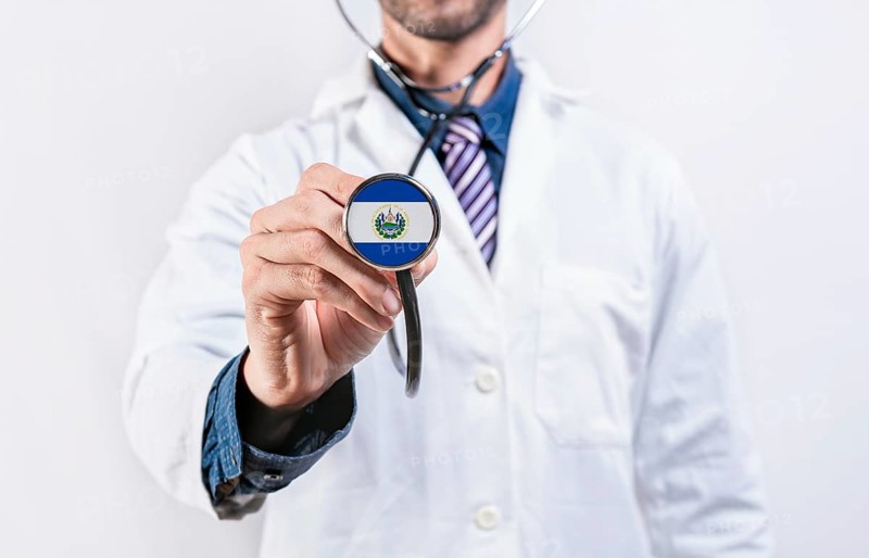 El Salvador healthcare system, doctor holding stethoscope. El Salvador health and medical insurance concept