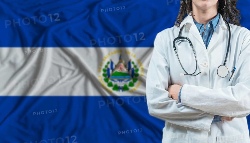 Medical professional on El Salvador flag. Healthcare and wellness in El Salvador, Concept