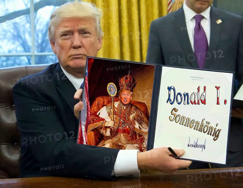 Symbolic image, Donald 1 Sun King, Trump on a vendetta, persecution of all opponents, autocracy, military against US citizens, US democracy in danger, EU and Germany under political pressure, industry, Donald Trump, tariff threats, Elon Musk, Mark Zuckerberg, social networks, fake news, rights broken, hatred, agitation, DSG Digital Services Act, re-election, USA, politics, announcements, wanted dictator, Republicans, US electoral system, global danger, lies, 2nd term, global burden, Ukraine war, storm White House, governing with decrees term, global burden, Ukrainian war, White House storm, governing with decrees