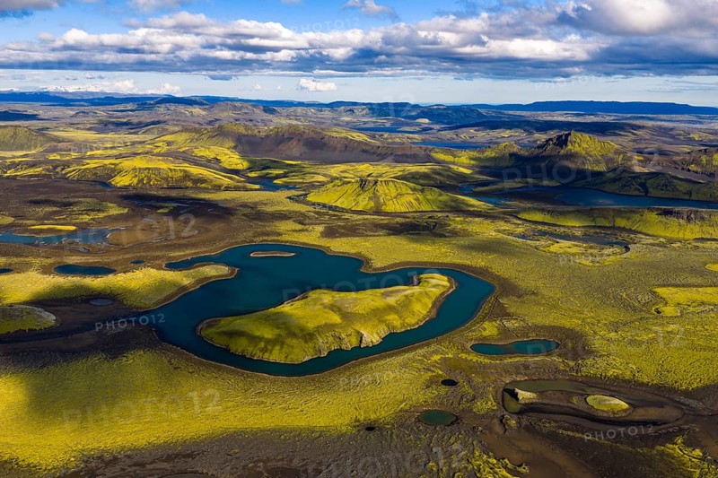 Moss-covered landscape and lakes in the Icelandic Highlands, Iceland