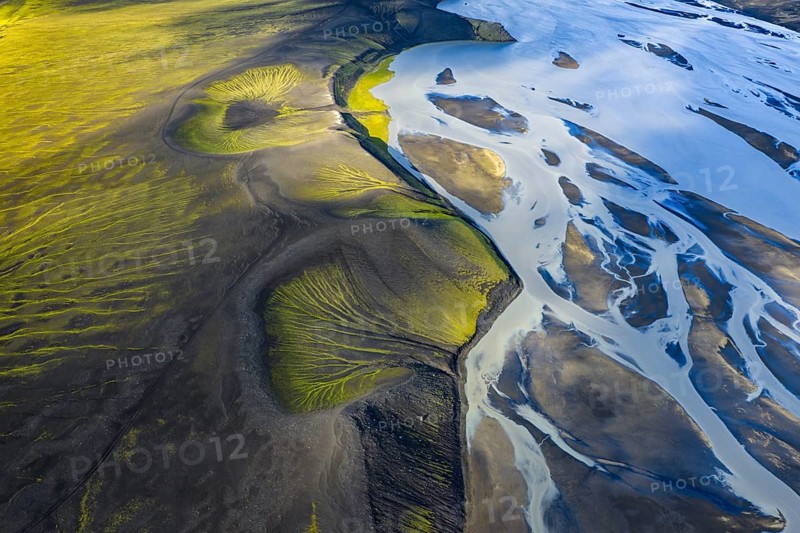 Abstract patterns of moss in black sand, riverbed, Icelandic Highlands, Iceland