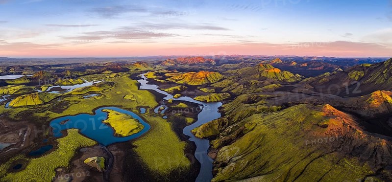 Moss-covered landscape and lakes in the Icelandic Highlands, Iceland