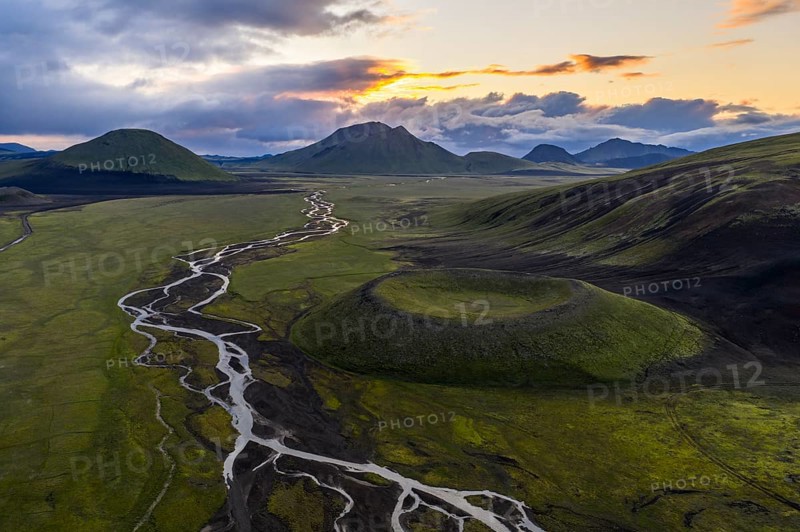 Volcanic crater with intertwined river, Landmannalaugar region, Icelandic Highlands, Iceland