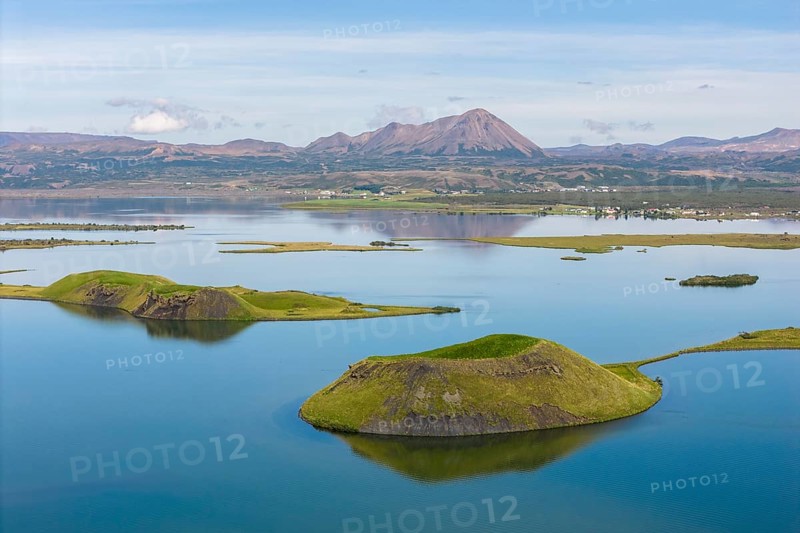 Lake Myvatn with pseudo-crater, North Iceland, Iceland