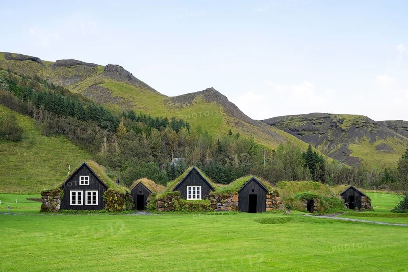 Traditional houses with grass roofs at Skogar Museum, South Iceland, Iceland