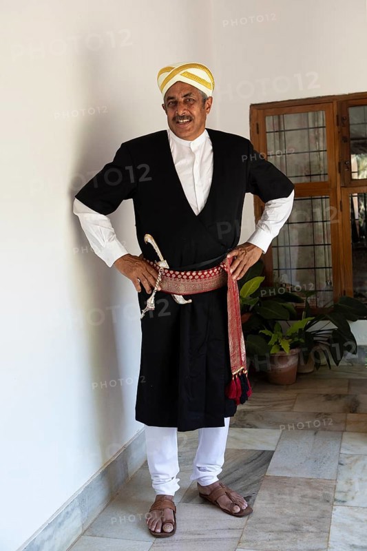 Indian man, 63 years old, from the Kodava clan in traditional dress, Coorg, Karnataka, India