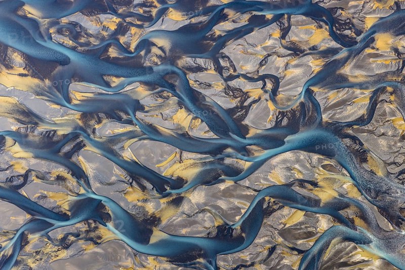 Branching course of a glacial river, abstract structures, South Iceland, Iceland