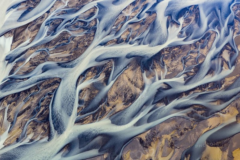 Branching course of a glacial river, abstract structures, South Iceland, Iceland
