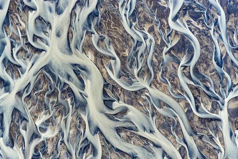 Branching course of a glacial river, abstract structures, South Iceland, Iceland