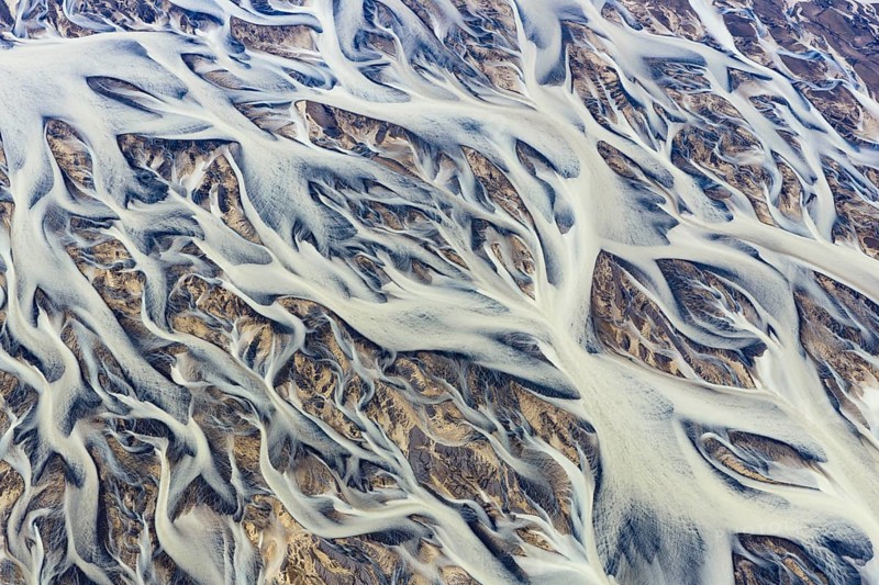Branching course of a glacial river, abstract structures, South Iceland, Iceland